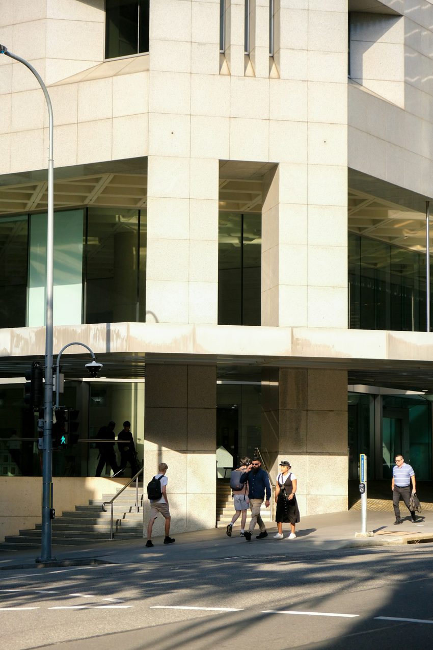 A commercial building and pedestrians in Brisbane.